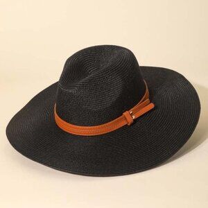Hat Straw Leather Band Floppy Black